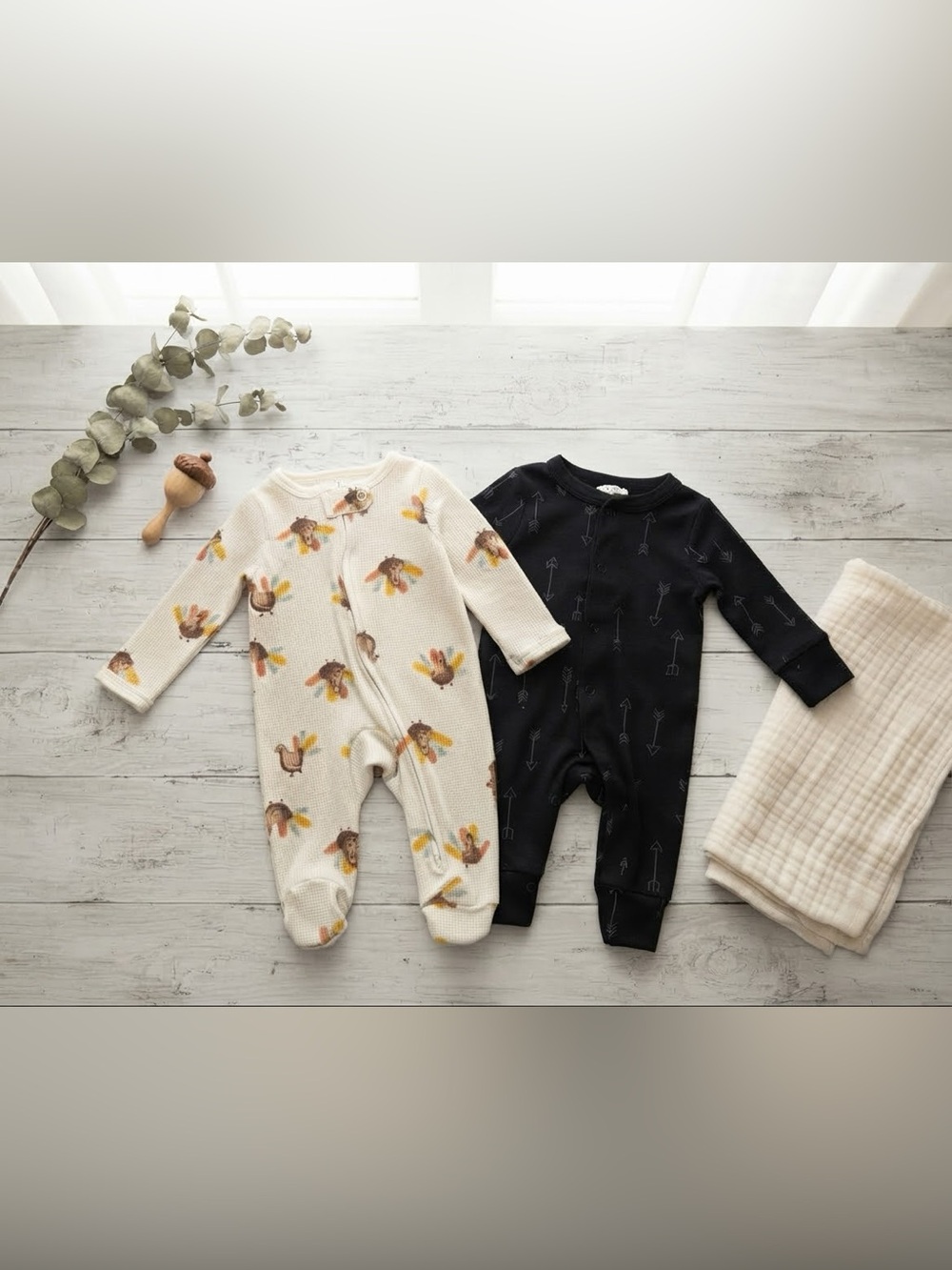 Newborn Sleepers - Cream Turkey Print & Black Arrow Options